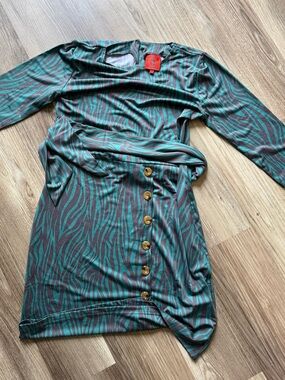 Tracy Negoshian Teal and Brown Zebra-Print Long Sleeve Tunic with Belt